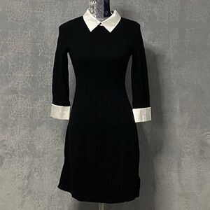 Tahari Sweater Dress Womens M Black White Collared Merino Wool Long Sleeve Twee